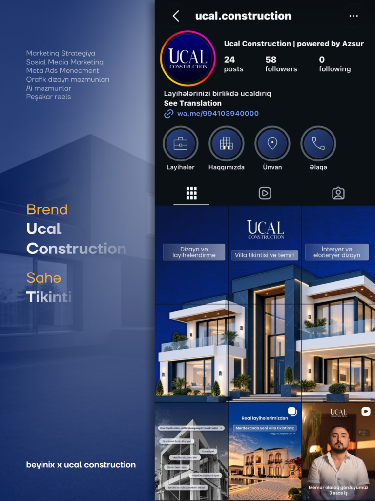 Ucal Construction — Instagram səhifəsinin Beyinix tərəfindən hazırlanmış dizaynı