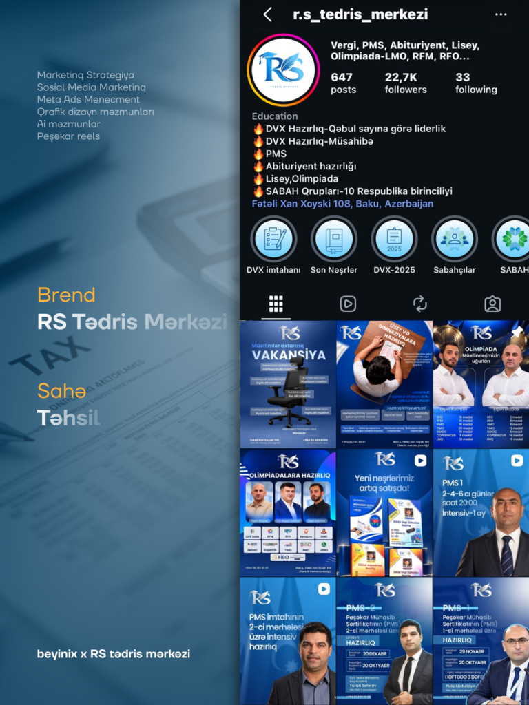 RS Tədris Mərkəzi — Instagram səhifəsinin Beyinix tərəfindən hazırlanmış dizaynı
